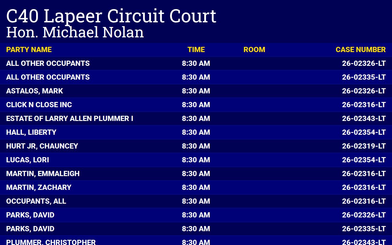 Lapeer County court calendar Circuit CourtDisplay interface
