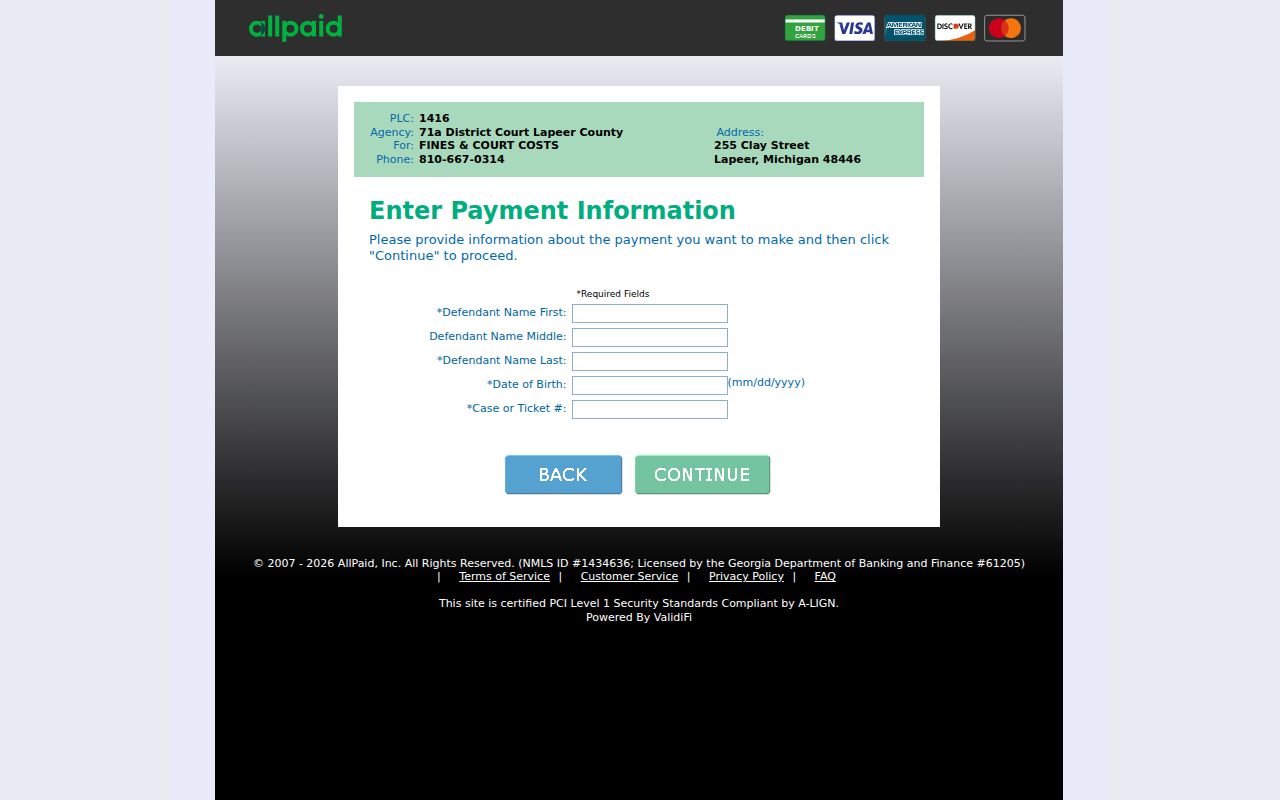 Lapeer County traffic court records 71A payment lookup fields